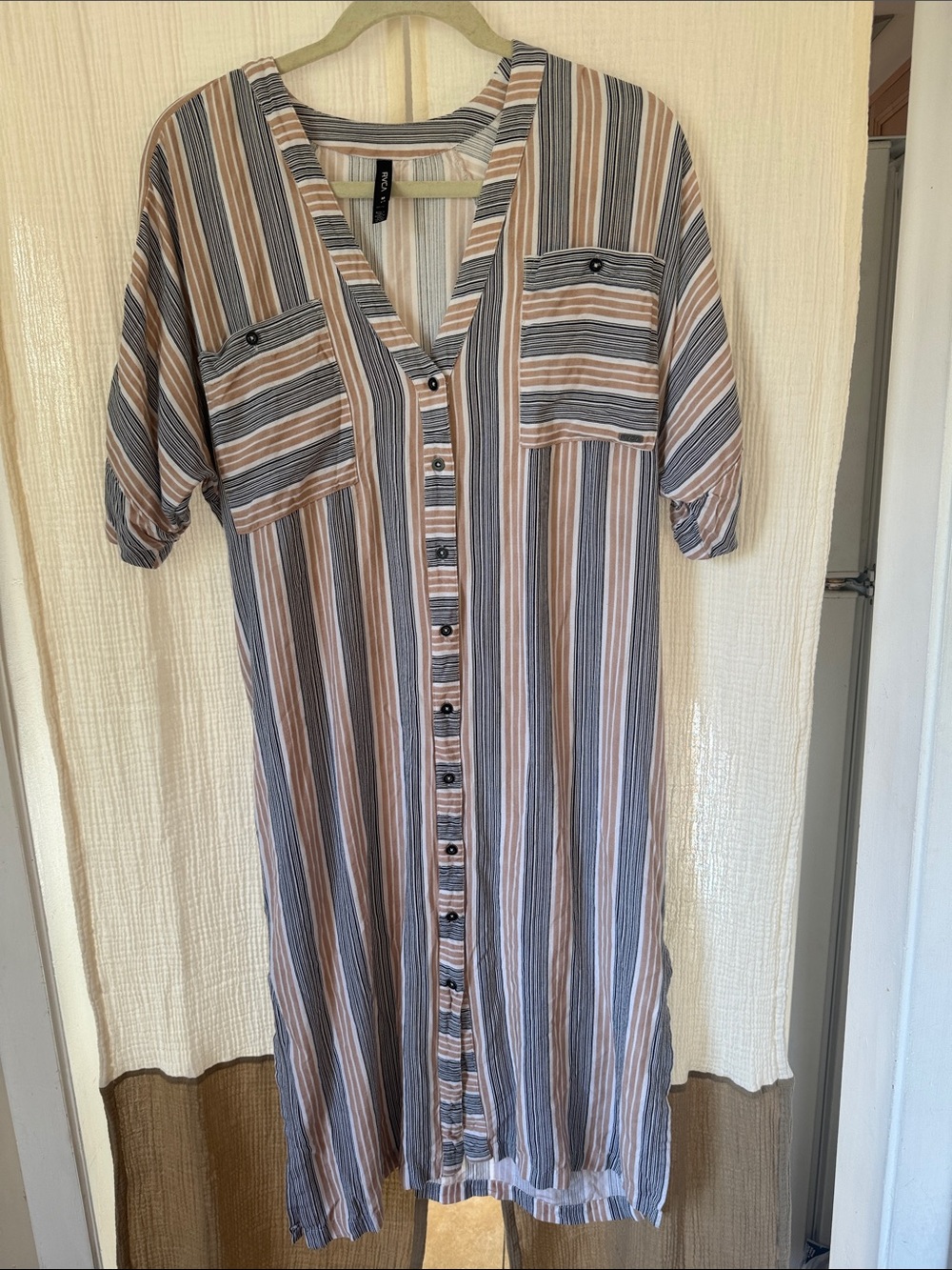 RVCA Vertical Stripe Midi Dress in Beige and Blue